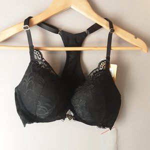 Wingslove New 32D Front Bra with Necklace Plunge Racerback Lace Black